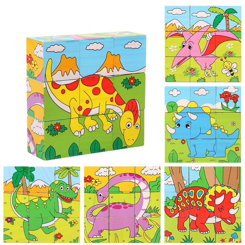 Baby Houten Blok Speelgoed Kinderen Zes Side 3D Cube Jigsaw Games Animal Fruit Verkeer Cognize Vroeg Leren Educatief Speelgoed: Dinosaur