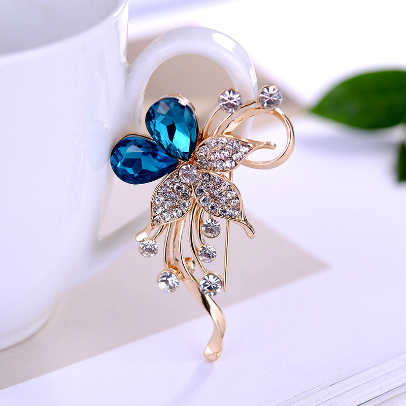 Elegante Kristallen Bloem Broche Rhinestone Plant Sieraden Golden Vrouwen Accessoires Donkerblauw/Light Grey Kleuren