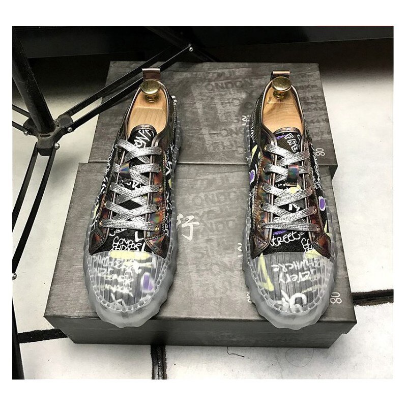 Menn svarte fritidssko graffiti gjennomsiktig såle herre fritidssko hip hop trenere rullebane zapatos prom loafers sko