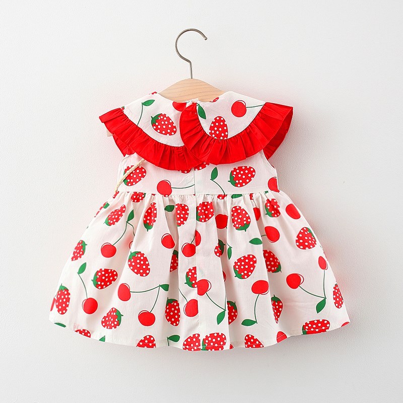 babzapleume Summer Korean Princess Dresses Infant Girl Clothes Cute Print Strawberry Sleeveless Newborn Baby Dress+Bag BC2052