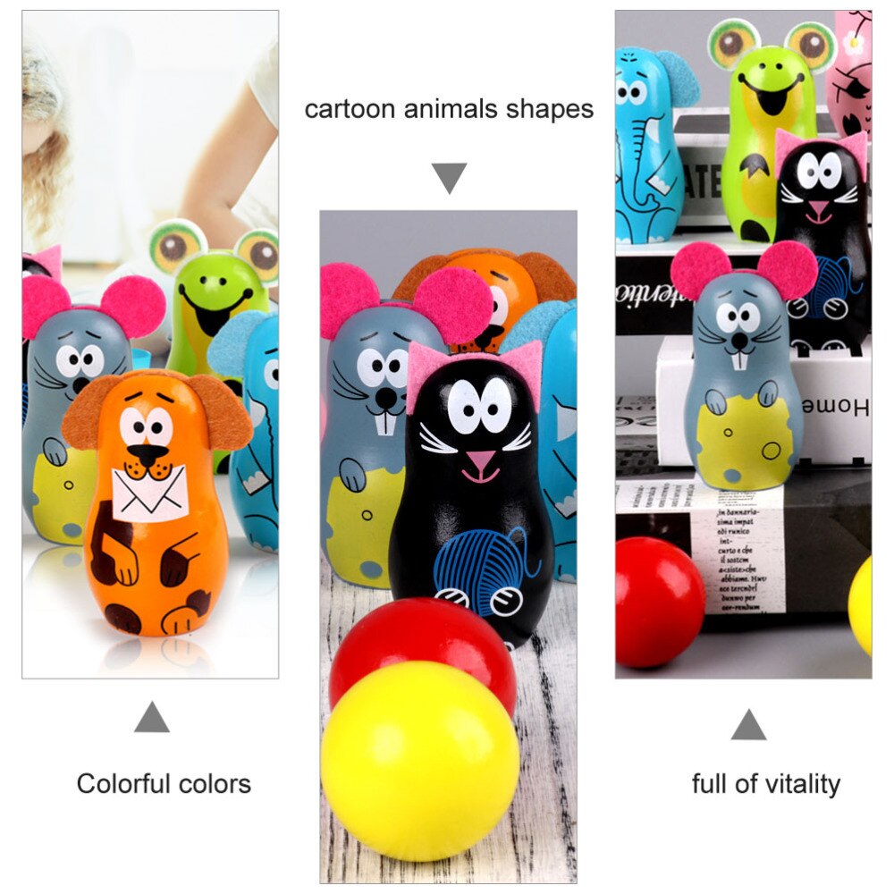 1 Set Children Bowling Set Wooden Bowling Games Cartoon Bowling