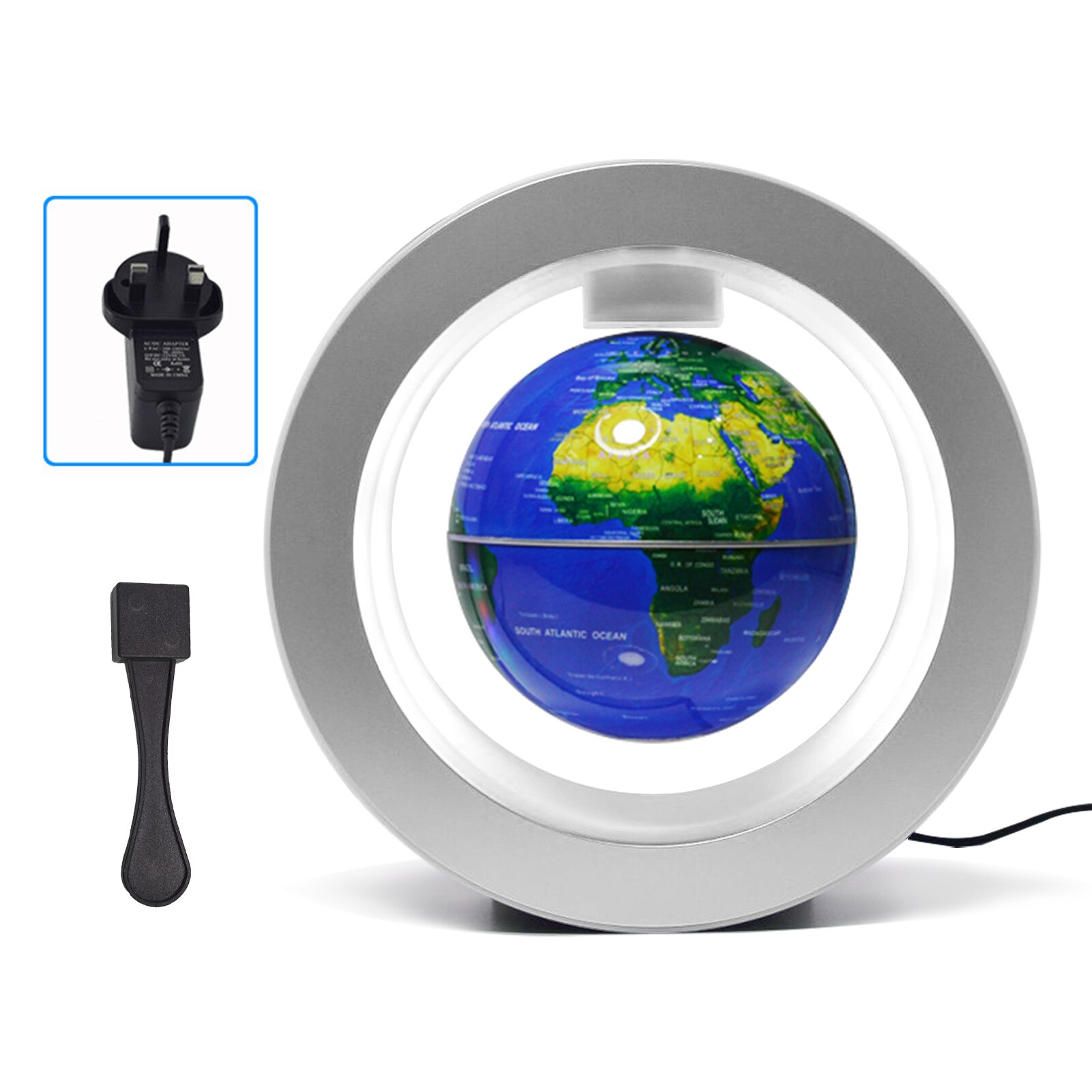 Globe flottant 6 pouces à lévitation magnétique, carte du monde rotative avec Base de lumière multicolore, lampe Globe Anti-gravité créative:  No LED BL-UK Plug