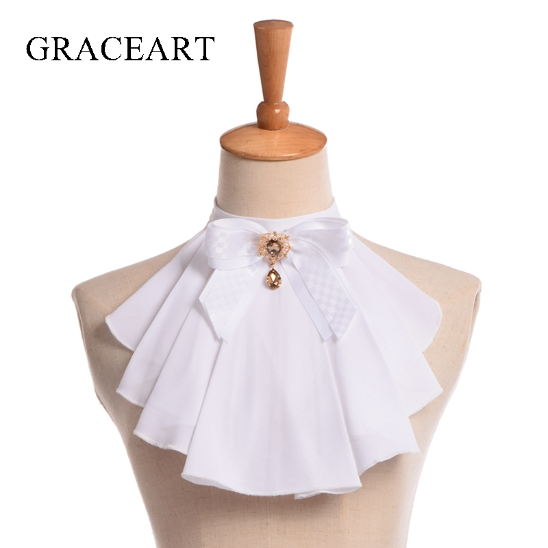 Vintage Women Jabot Collars Neck With Bowknot Pins Punk Victorian Chiffon Ruffle Collar