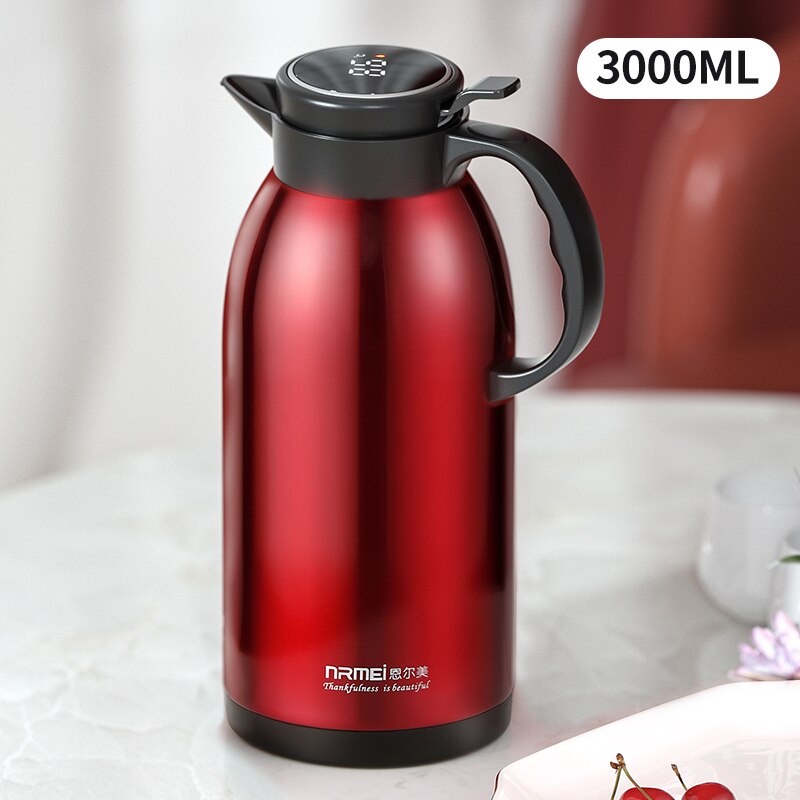 botella termica acero inoxidable termo inteligente botella de agua Jarra termo de acero inoxidable de gran capacidad, botella de temperatura con pantalla, portátil, bote de agua, 2L, 3L: 3000ML Red