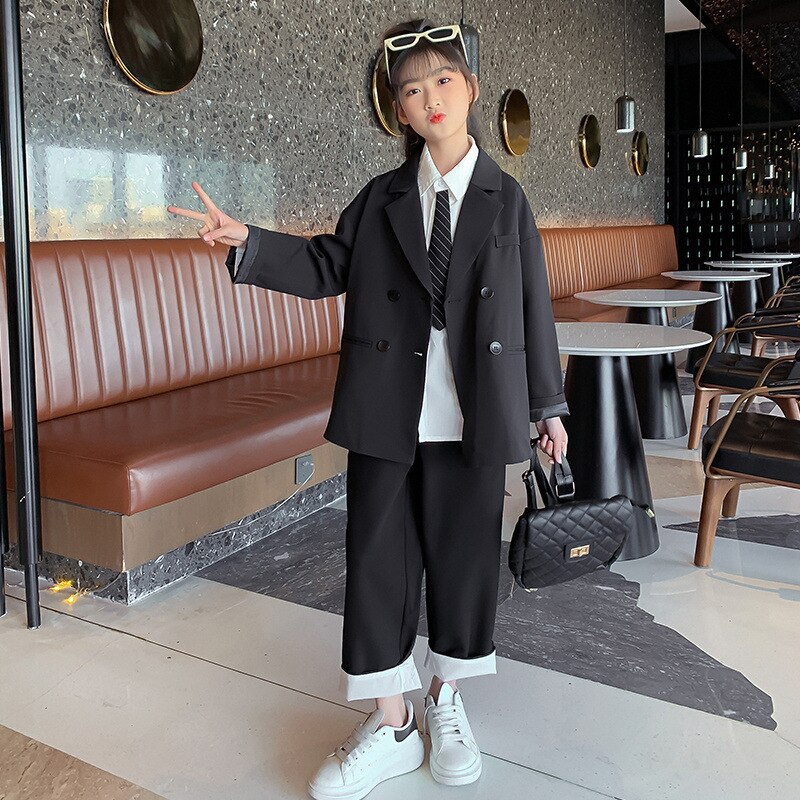 Traje para niña de primavera informal, Blazer de manga larga, camisa, pantalones, 3 piezas, trajes formales para niño, conjunto de chaqueta negra para niño de 10 a 13 años