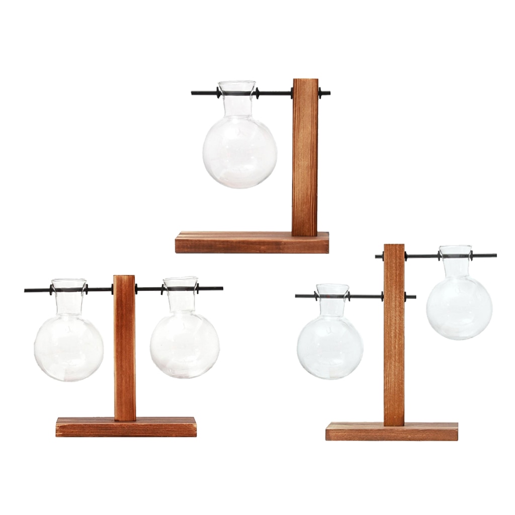 Glass Terrarium Planter Bulb Vase Archaistic Wooden Propagation Station Stand Metal Swivel Holder for Air Plants