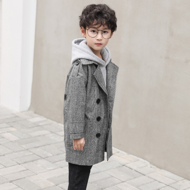 Efterår teenage drenge uldfrakker koreansk lang stil plaid vindjakke dobbelt-breasted skyttegrav yderbeklædning børn frakke børn jakker
