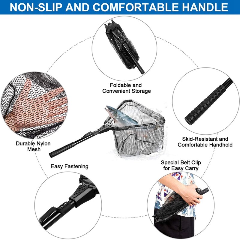 Fishing Net, Foldable Collapsible Fishing Landing Net, Telescopic Pole Handle, Safe Fish Catching or Releasing Network