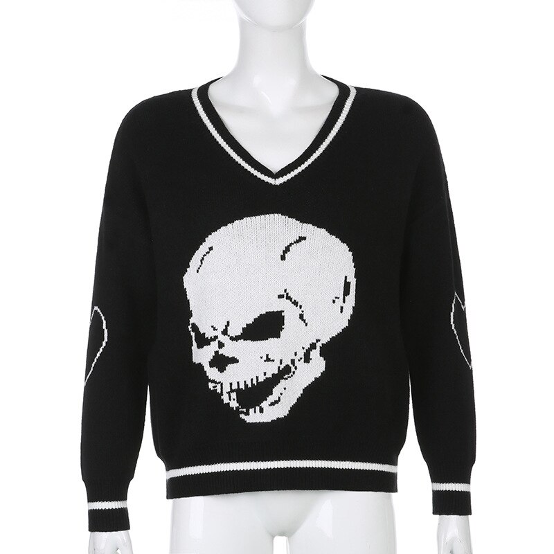 Allneon grunge esthétique crâne graphique tricoté  y2k pulls style punk col en v manches longues pulls surdimensionnés vintage 2000s hauts