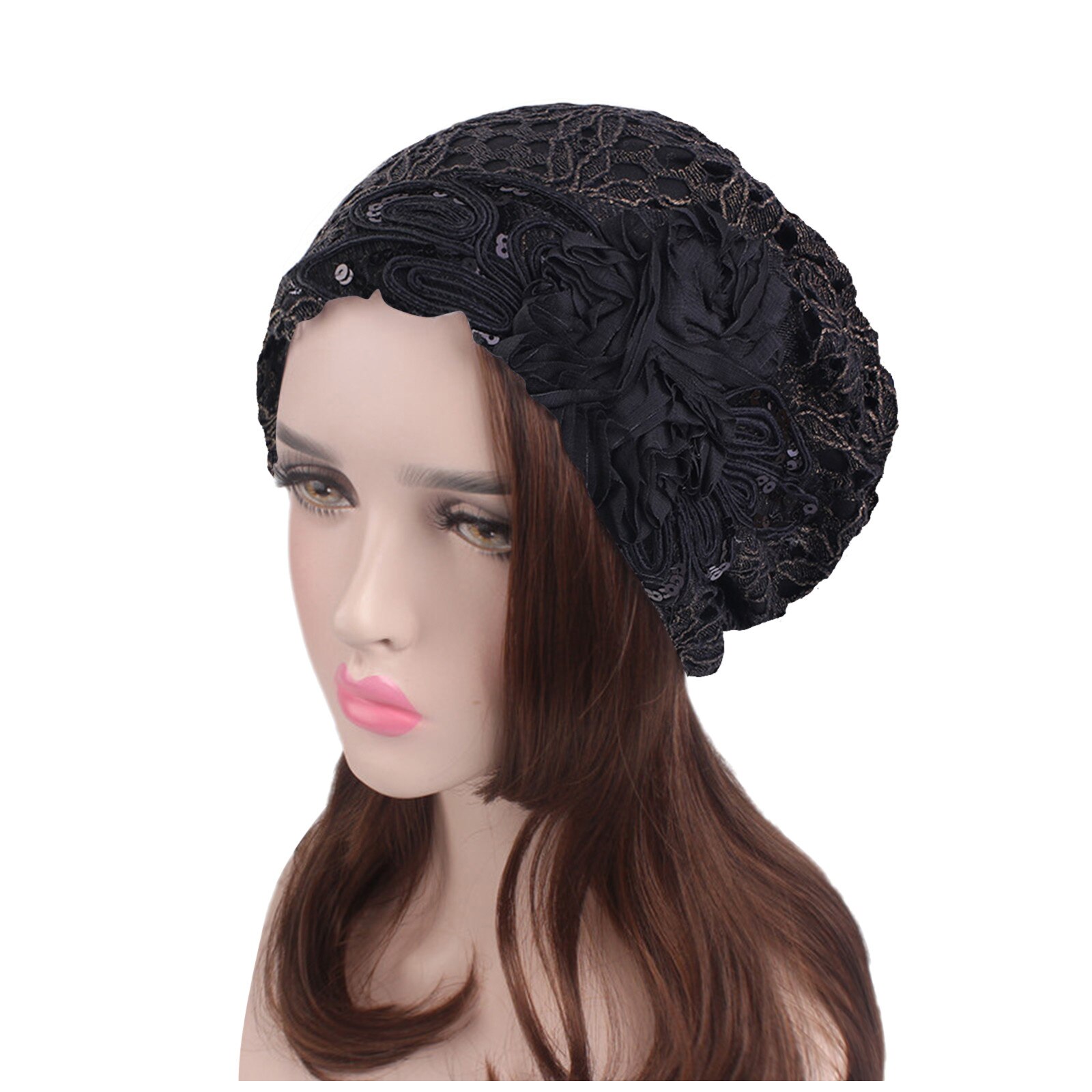 Lady Lace Muslim Ruffle Hat Beanie Scarf Turban Head Wrap Cap Hat Ethnic Style Lace Sequined Large Flower Ear Cap