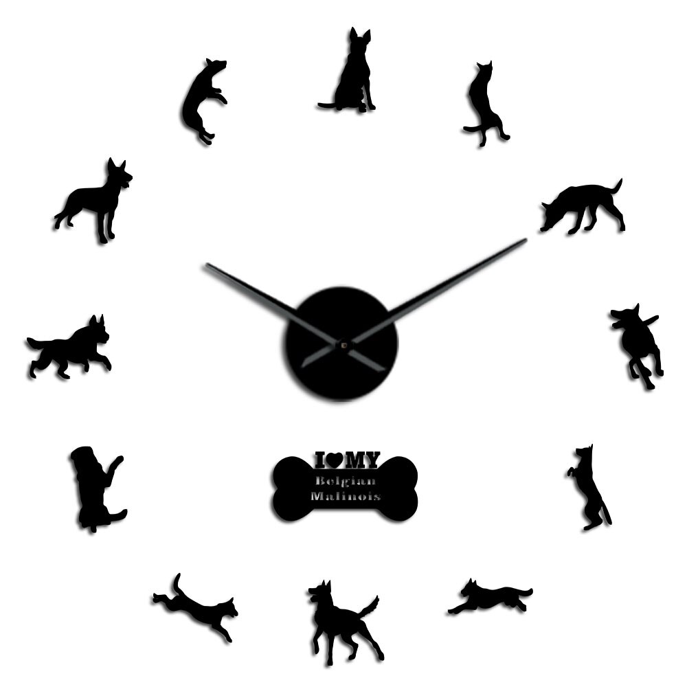 Belgian Shepherd 3D Clock K9 Security Dog Malinois Large DIY Wall Watch Animals Silhouette Acrylic Mirror Sticker: Black / 37 inch