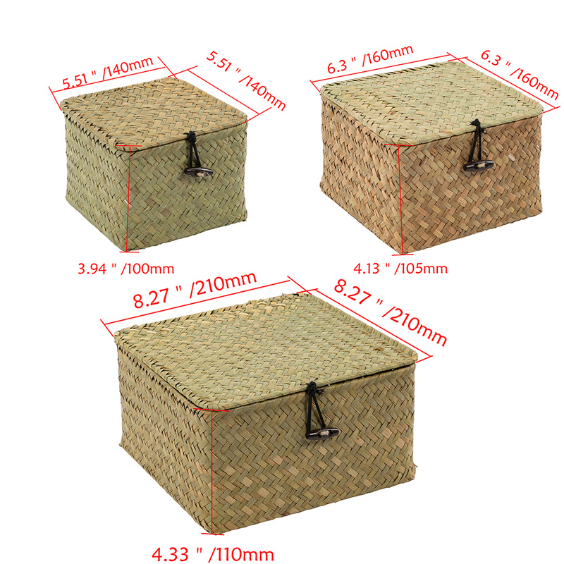 Rattan Storage Box with Lid Seagrass Woven Storage Basket Handmade Basket Cosmetic Wicker Container for Desktop Office Decor