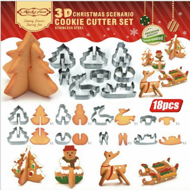 18PCS 3D Christmas Cookie Cutter Set Stainless Steel Xmas Biscuit Mold Gingerbread House DIY Baking Pastry Tool Kitchen Toys