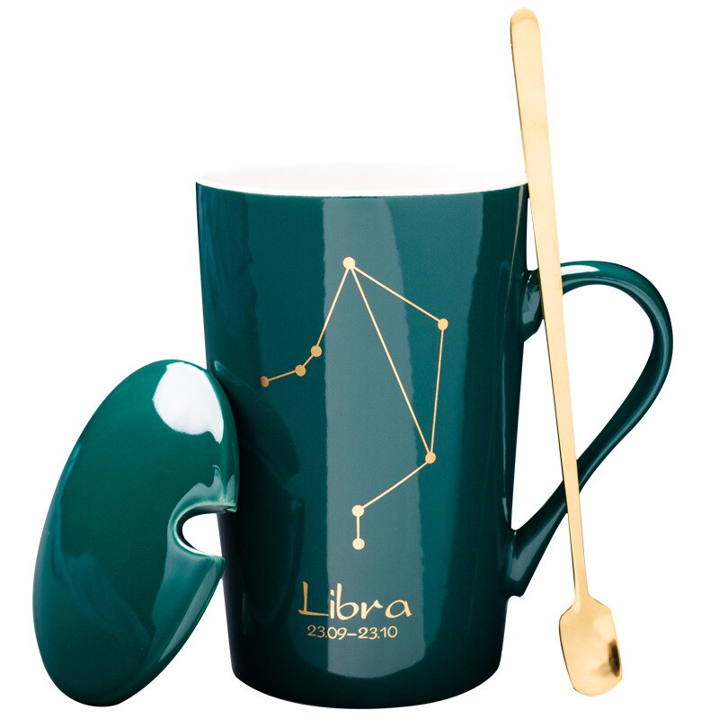 Taza de café de cerámica de lujo, juego de taza y platillo de , estilo nórdico, con cuchara, color verde sólido minimalista: A