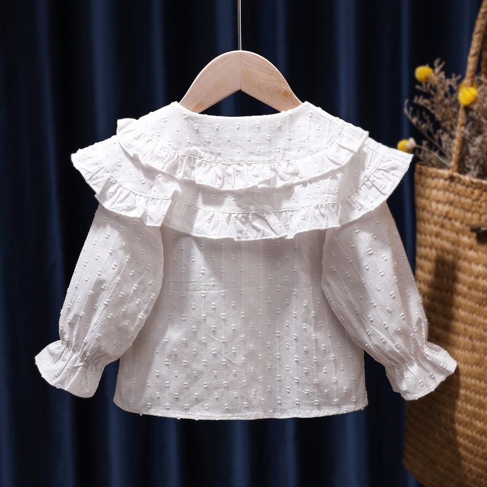 Vêtements pour filles de 1 à 8 ans, chemisier Jacquard rose solide, chemises de printemps, grand col à revers froncé, Double couche, Tops Camisas