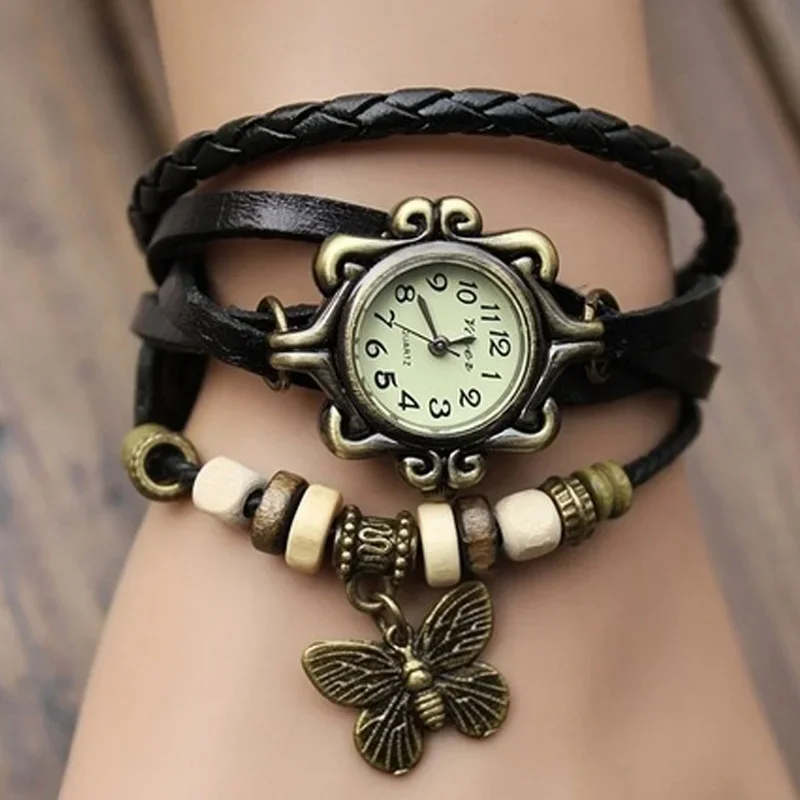 Vintage læder håndvævet dameur antik kobber tynd rem armbånd dameur med vedhæng udsøgt trendy kvartsur: Lyserød