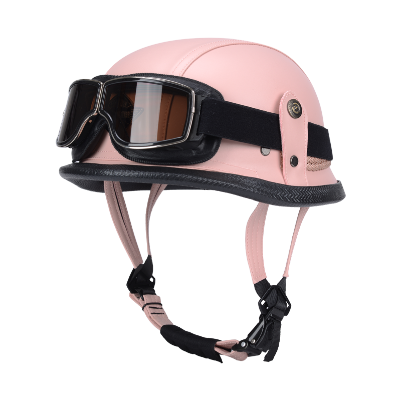 De oorlog II Duitse M35 halfshell handgemaakte lederen helm voor heren dames met Halley Goggle Skull Cap voor Cruiser Scooter Chopper: Ivoor / XL