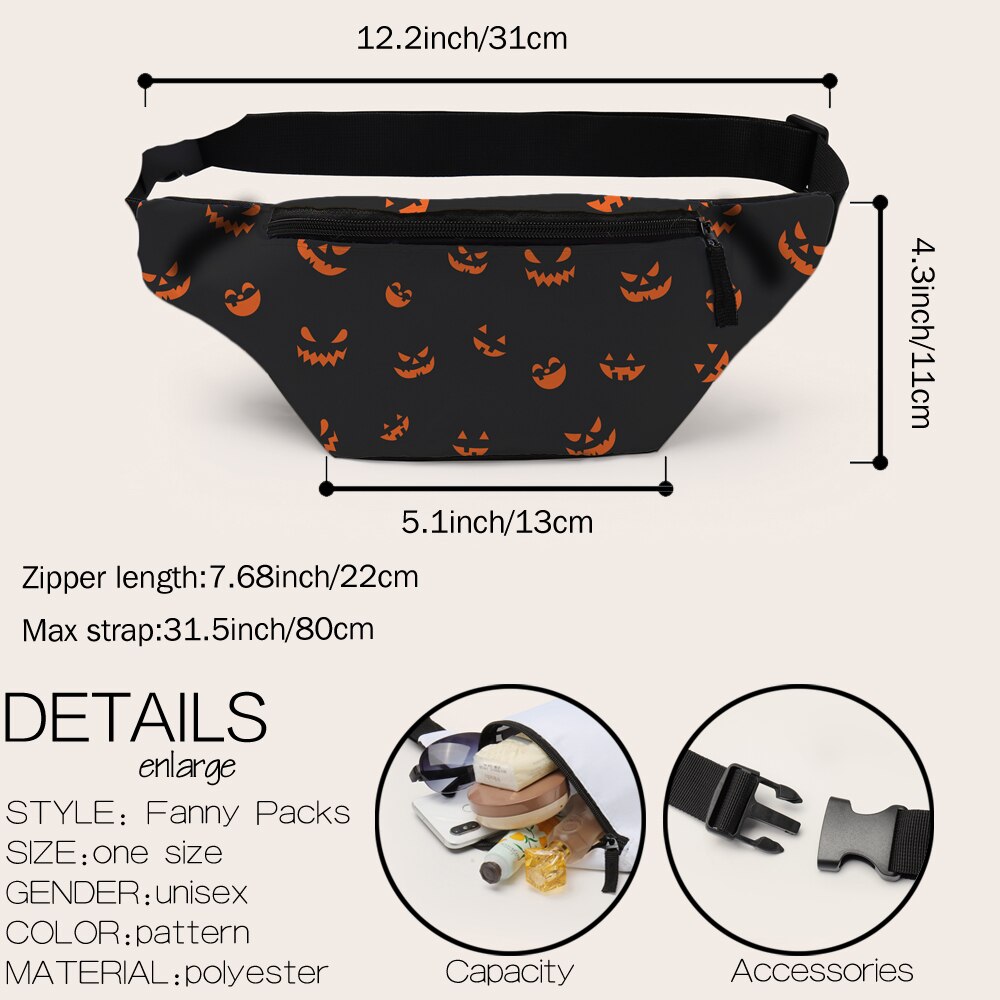 Riñonera Deanfun para mujer, riñonera con estampado de calabaza de Halloween, riñonera negra para mujer, bolso, bolsos D18084