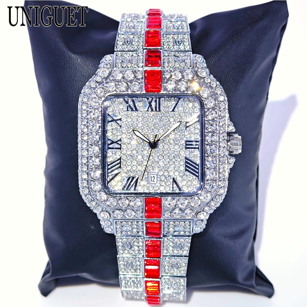 Luxury Red Diamond Watches Men Brand UNIGUET Hip Hop Iced Bling Jewelry Wristwatch Man Waterproof Square Quartz Clocks