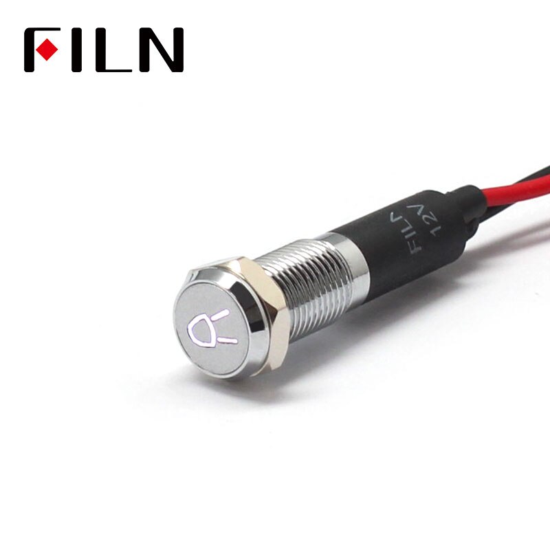 Filn 8mm bil instrumentbräda små lampor symbol led röd gul vit blå grön 12v led indikatorlampa med 20cm kablar: Vit silver skal