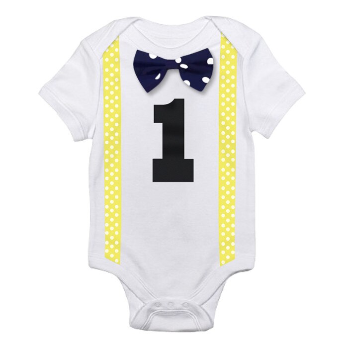 Um tamanho de algodão bebê menino macacão traje crianças carta macacões 1st aniversário outfits recém-nascidos meninos roupas do bebê 12 meses: R6