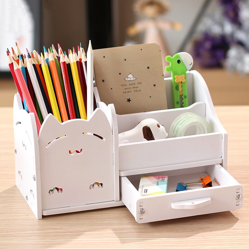Multi-function 4 Grid Desktop Pen Holder Office School Stationery Storage Case Wood Box Desk Pen Pencil Organizer Phone Holder