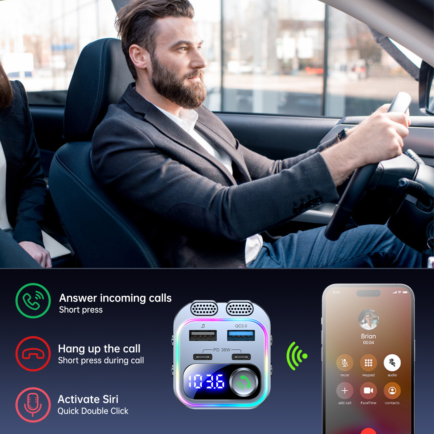 Schnelles Autoladegerät, Bluetooth 5.4, FM-Sender, kabelloses Radio, Freisprechen, tiefer Bass, Autoladegerät, Dual-USB, C, PD, 36 W