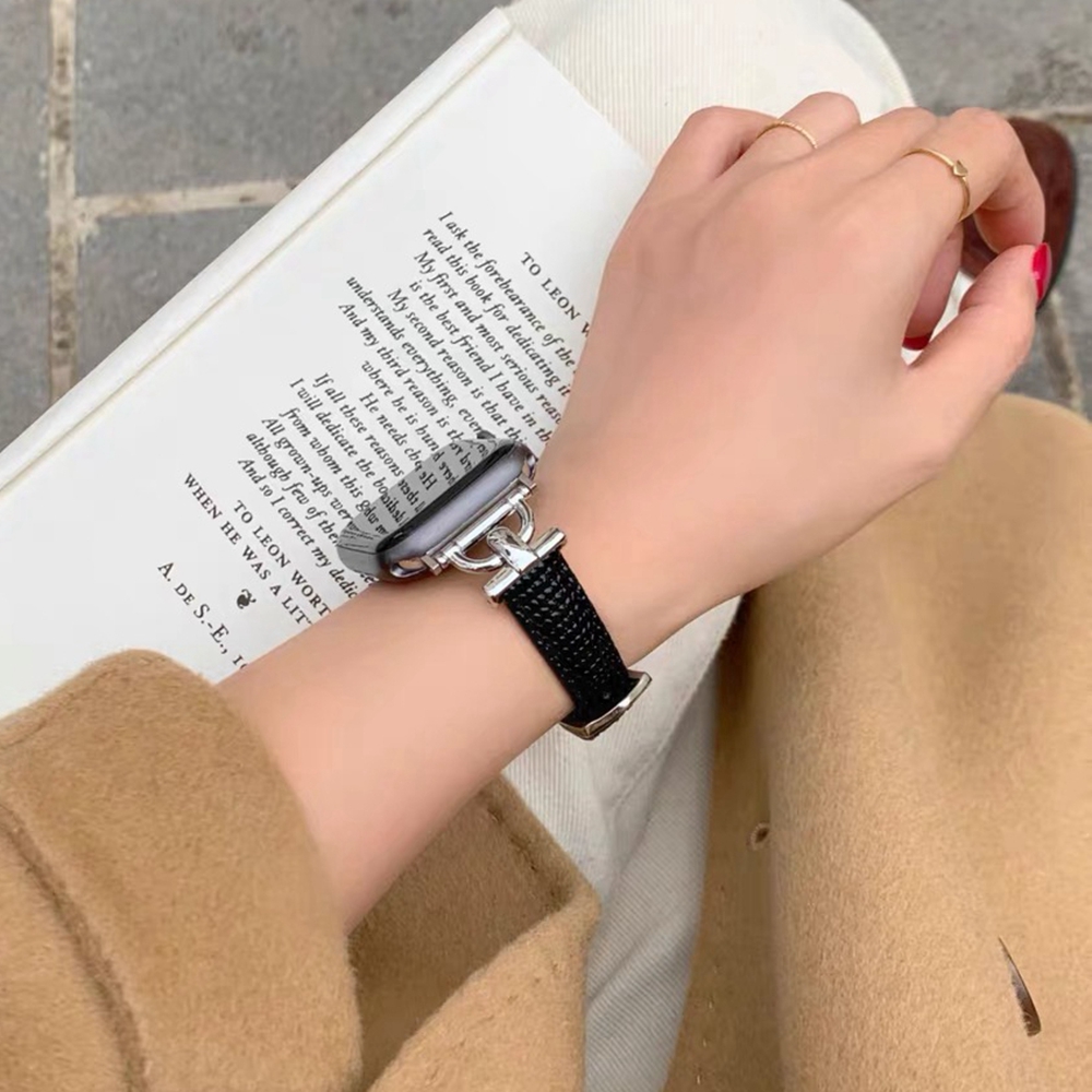 Para Apple Watch band mujer Serie Ultra 10/9/8/7/6 38mm 40mm 41mm 42mm 44mm 45mm 46mm Correa de cuero: Negro / 17mm