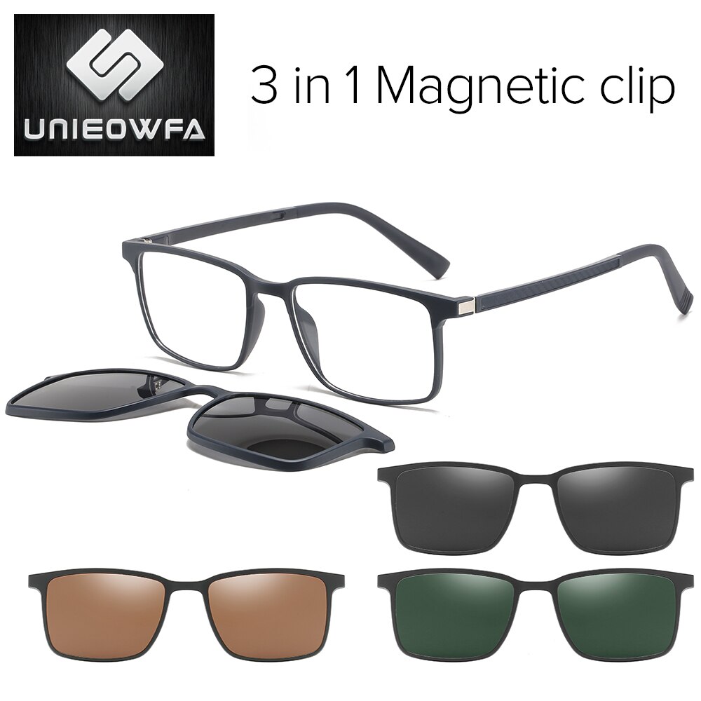 Myopie Magnet Clip auf Gläser Rahmen Männer Optische Verordnung Rahmen Brillen Männer Rechteck Polarisierte Magnet Clip Auf Sonnenbrille: 1909 dunkel Blau 3 in1