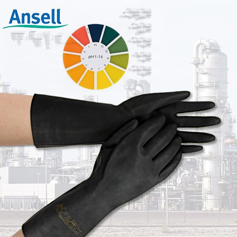 Ansell Acid and Alkali Resistant Safety Gloves Waterproof Anti-Skid Latex Gloves CE Certification Chemistry Laboratory Protect: Black / XL