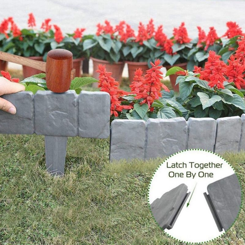 Valla de imitación de piedra para jardín, cerca de plástico PP plegable, empalme, jardín, césped, 10 piezas