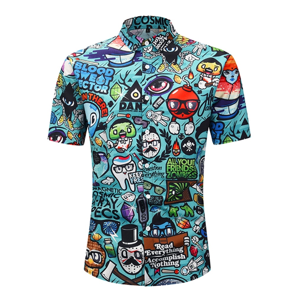 Camiseta de talla grande 2XL de verano con estampado de dibujos animados en 3D para hombre, camiseta de manga corta con cuello vuelto, blusa Hawaiana para vacaciones en la playa