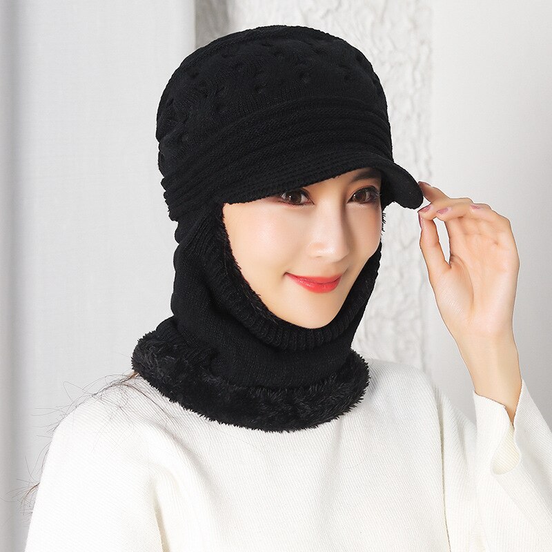 Wintermütze mit schal, gestrickt, für damen, ältere damen, warme sturmhaube, dicke oma-mütze mit krempe, muttermütze: Schwarz