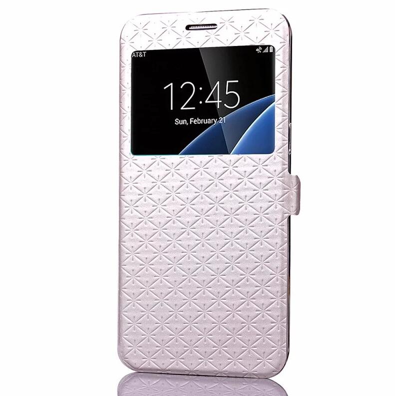 Cover Phone Case For Samsung Galaxy s7 edge SM G9350 Flip PU Leather tpu Shell S7 G9300 Rhombus Holster Bag Window Stand: For Samsung S7 / White