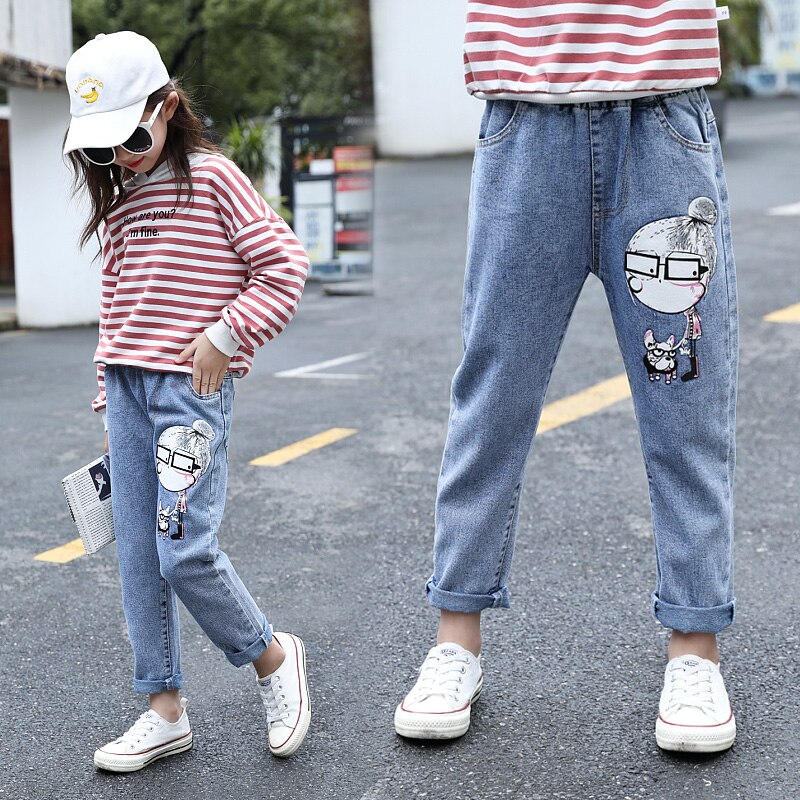 Pantalones vaqueros para niños y niñas de dibujos animados, ropa para bebés, monos de primavera y otoño para niños grandes, pantalones vaqueros azul holgado para adolescentes de algodón 3-13T