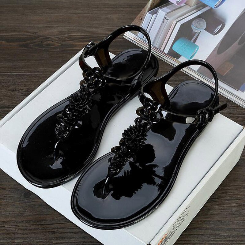 Vrouwen Sandalen Zomer Vrouwelijke Platte Clip Teen Sandalen Bloem Decor Jelly Schoenen Antislip Slides Flip Flops Strand schoenen: black / 8.5
