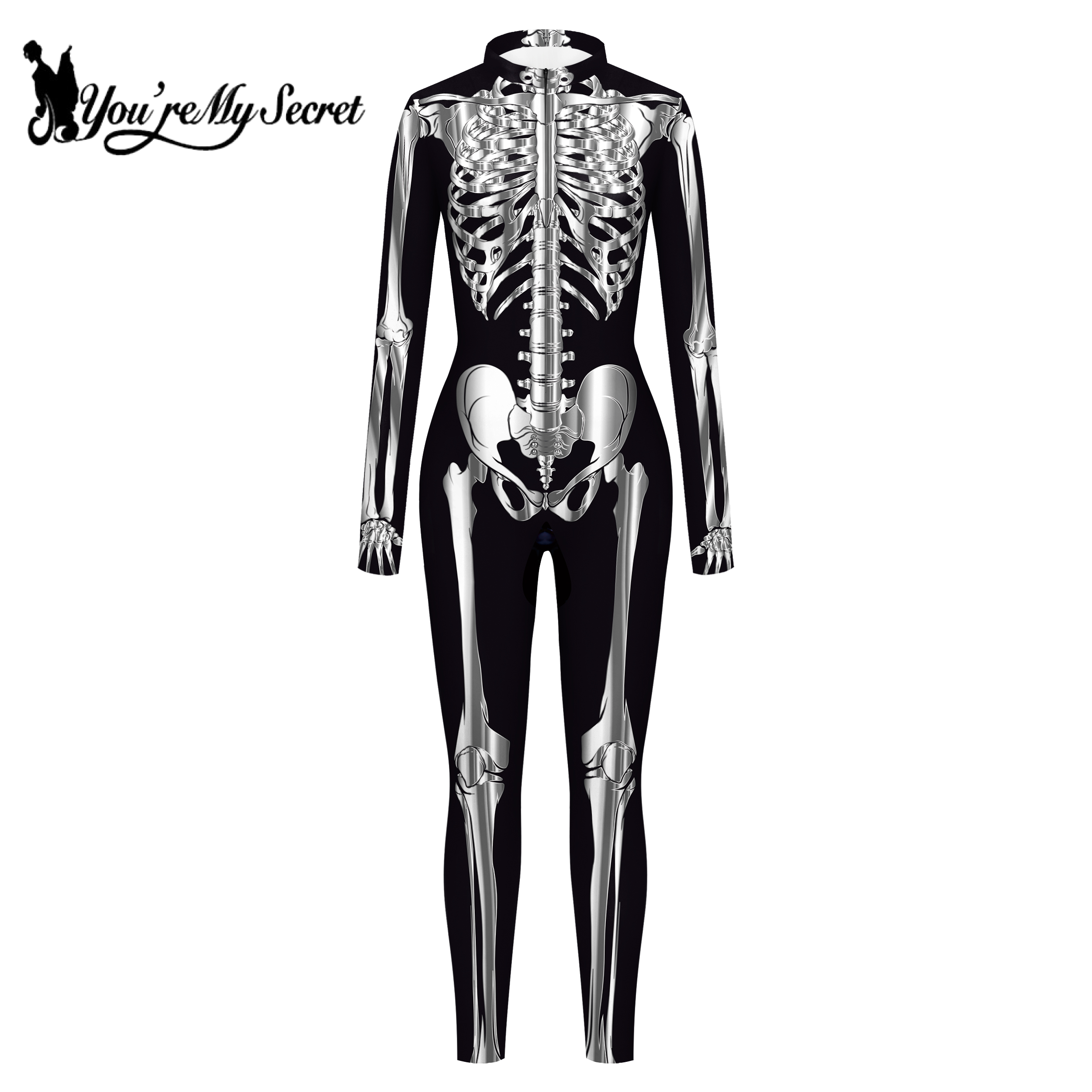 [You're My Secret]Halloween Cosplay Costumes For Women Skeleton Printed Long Sleeve Bodysuits Slim Elastic Fancy Outfits Catsuit