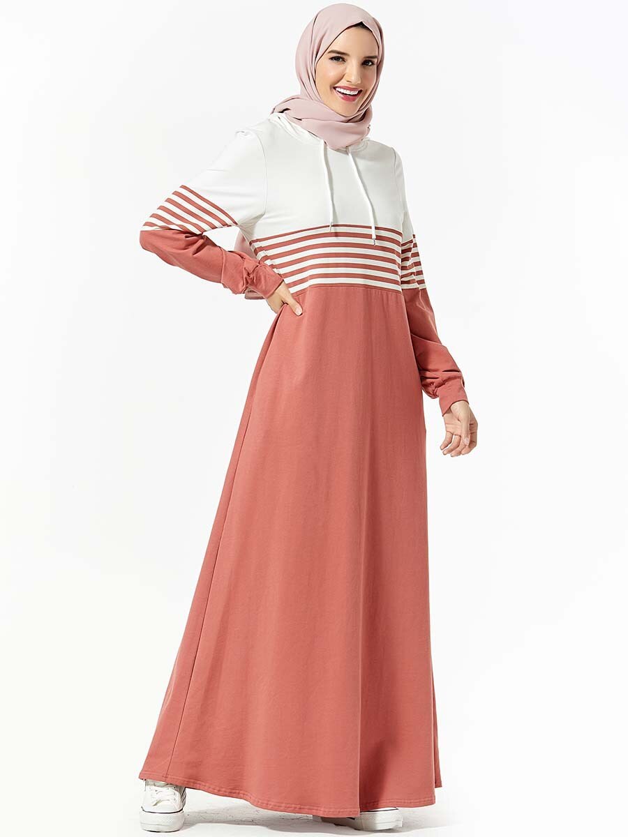 Robe musulmane moyen-orient arabe femmes sweat à capuche islamique turquie rayé poche Patchwork tenue décontractée Style dubaï: Pink dress / XL