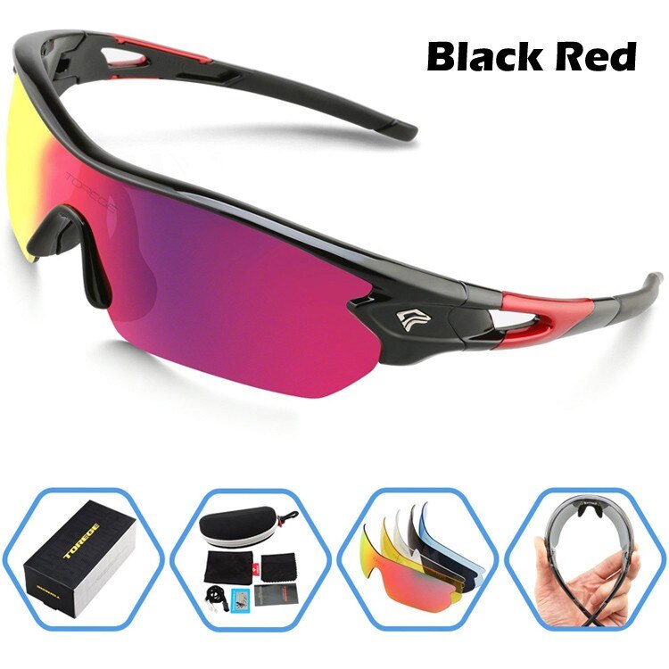 polarisierte Sport Sonnenbrille Mit 5 Austauschbaren Objektiv für Männer Frauen Radfahren Laufen Fahren Angeln Golf Baseball Gläser: Schwarz rot