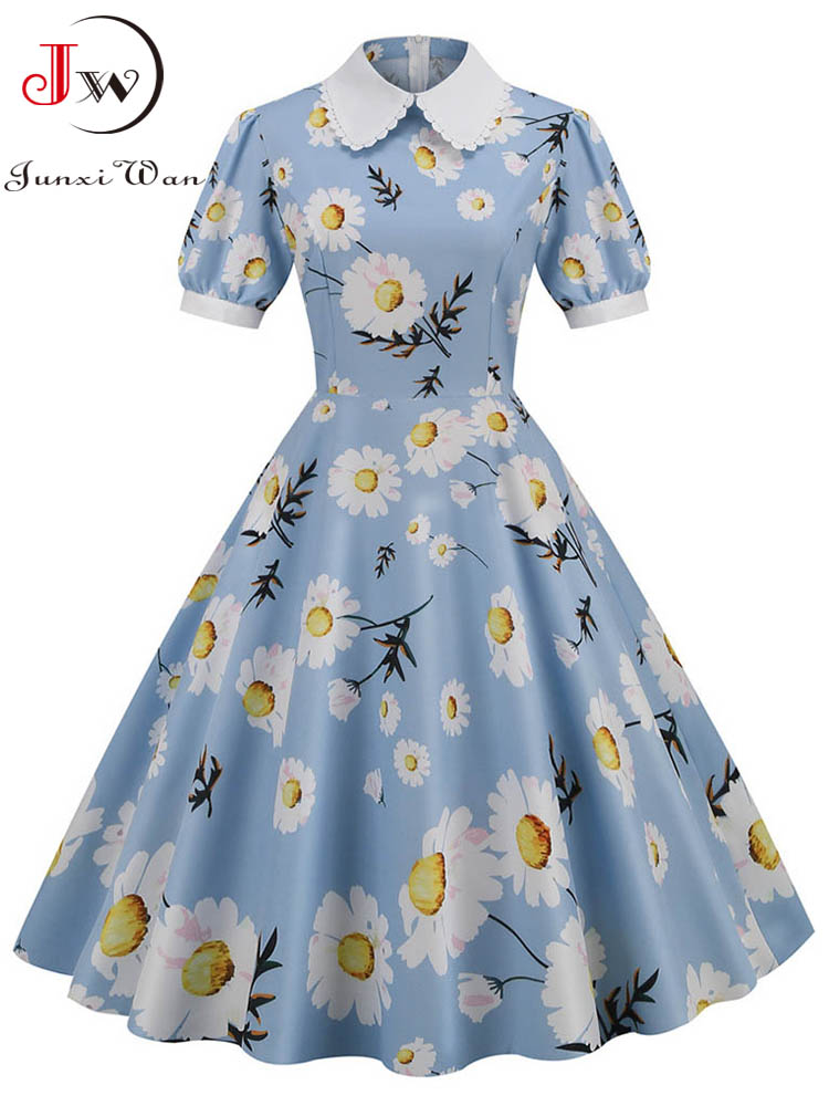 Floral Printed Summer Dress for Women Peter Pan Collar Vintage Midi Sundress Casual Party Dress with Puff Short Sleeves