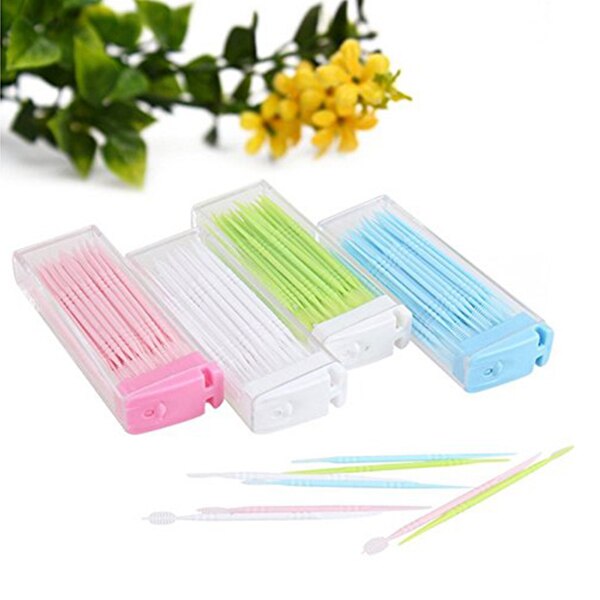 50 Pcs Plastic Toothpicks 2 Way Tooth Picks Inter Brush Cleaners Portable Box Ran Color