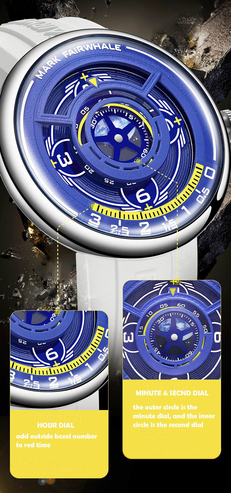 Mark Fairwhale Men Luxury Watch Vintage Watches Concept Dial Quartz Wristwatch Rubber Strap