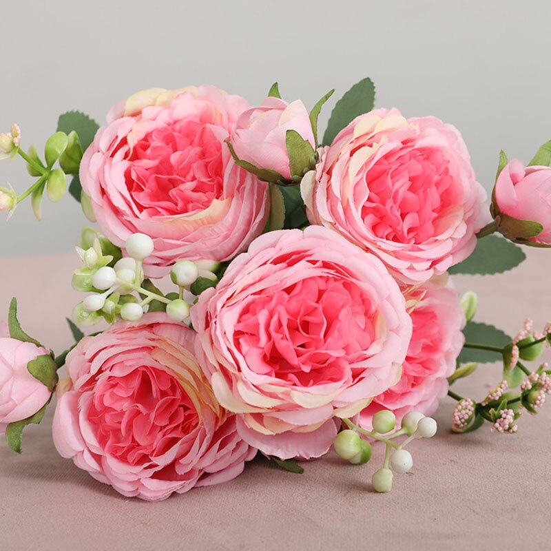 5 cabezas grandes rosas ramo de flores falsas para la decoración del hogar Decoración de la boda Rosa Blanca peonía flores artificiales: dark pink