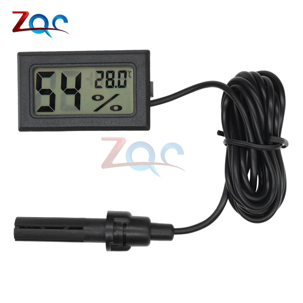 Round Mini LCD Digital Thermometer Hygrometer Temperature Indoor Convenient Temperature Sensor Humidity Meter Gauge Instruments: Black With Cable