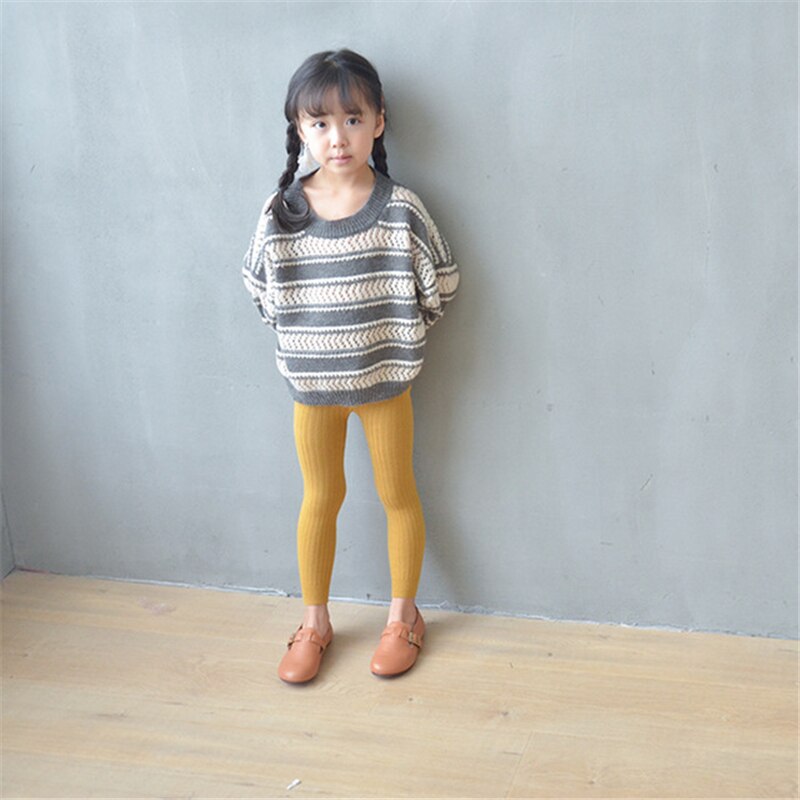 1-5T Spring Autumn Warm Striped Baby Girls Leggings Skinny Cotton Knitted Toddler Kids Pantyhose Solid Children's Pants Trousers