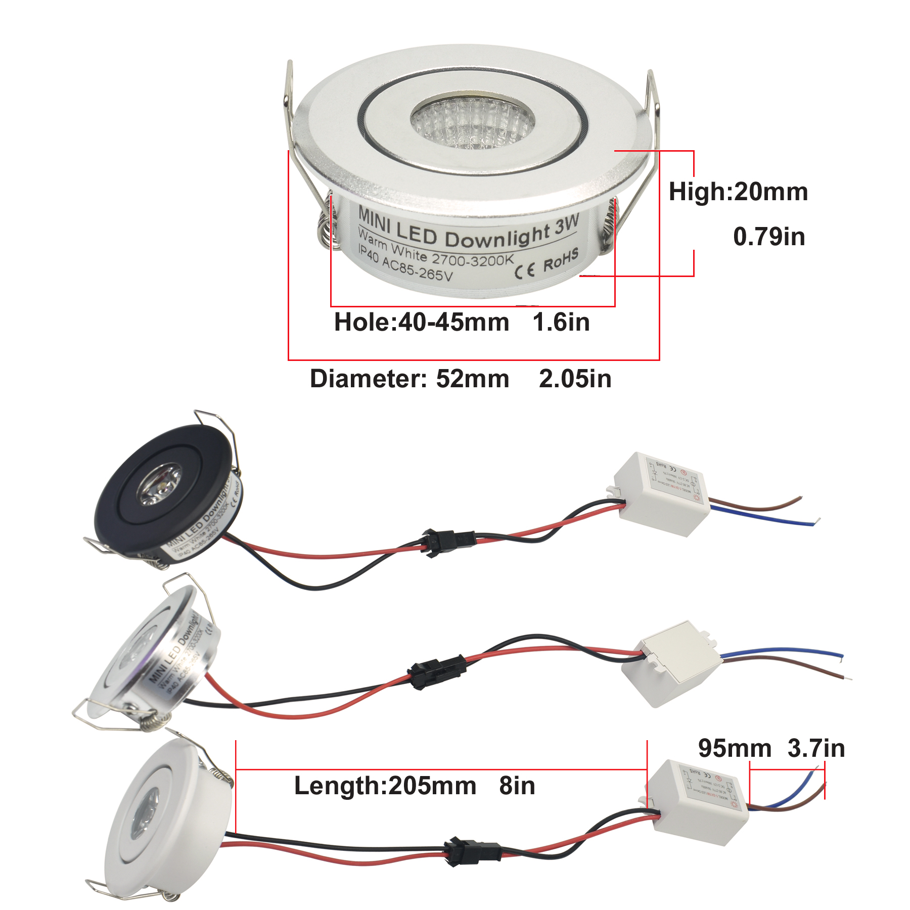 10pcs 1W 3W LED Recessed Down light Spot Ceiling Light Small Size Cut 40-45mm White Silver White Finish Full Aluminum