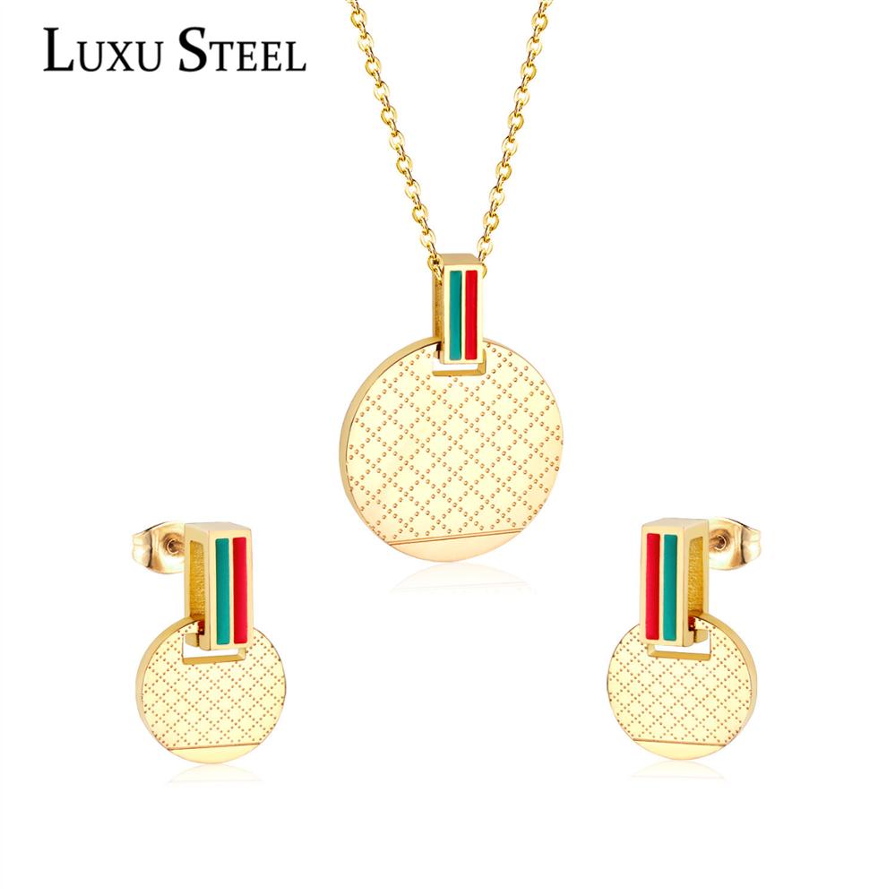 Luxusteel Rvs Sets Goud Kleur Ronde Hanger Necklce Oorbellen Brinco Party Vrouwen
