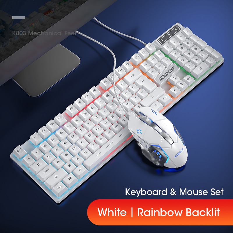 Wired Gaming Keyboard Mouse Gamer Kit PC Gamer Mechanical Feel Keyboards Rainbow Backlight Computer Backlit 104 Keys Keycaps Set: Rainbow Combo White