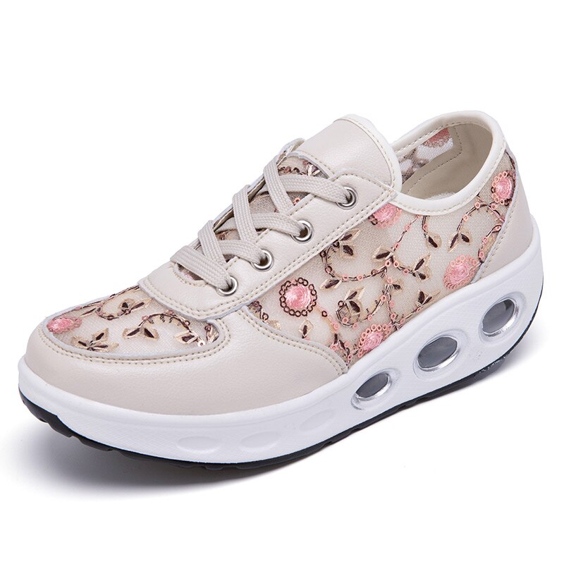 Women Sport Slimming Shoes Breathable Ladies Flat Sneakers Height Increasing Platform Outdoor Women Toning Shoes Fitness: Beige / 38