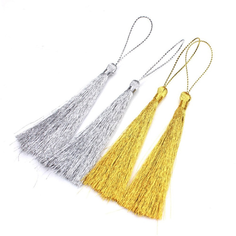 Borlas largas de seda con borlas decorativas para joyería, franja de borlas de poliéster doradas y plateadas, nudo chino de bricolaje, 15 Uds.